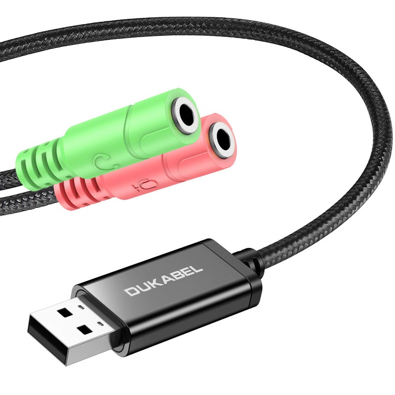 DuKabel USB to 3.5mm Jack TRS AUX Adapter for Built-in USB Sound Card with Separate Plug TRS 3 Pole Microphones [Metal Housing & Durable Braided / 9.8inch] - Image 1